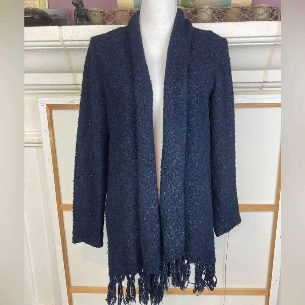 Chico's Deep Blue & Black Open Cardigan with Fringe Oversized